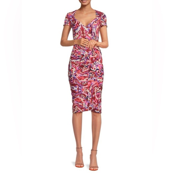 ba&sh Pleated Midi Multicolour Printed Textured Crepe Crinkle Short Sleeve Dress - Picture 14 of 17